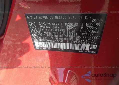 2019 Honda Fit Lx z USA, uszkodzony, nr VIN 3HGGK5H45KM705648